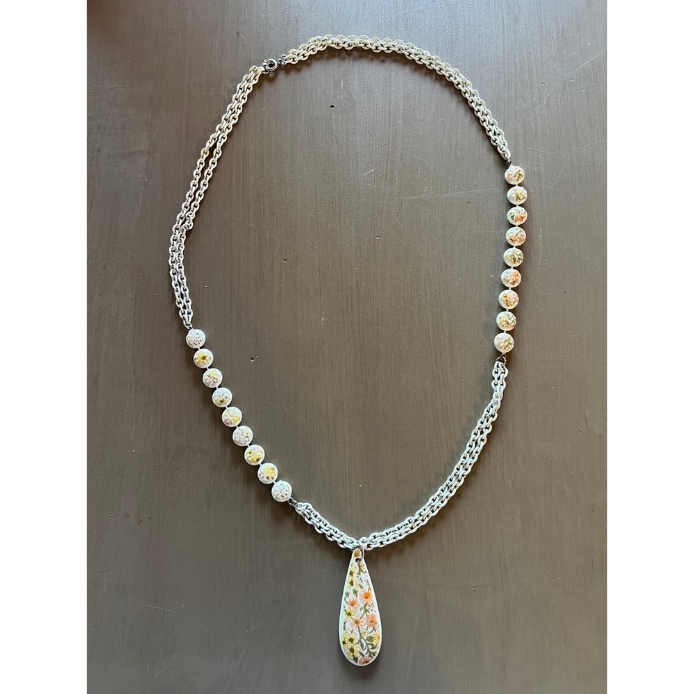 Vintage Floral Teardrop Pendant Necklace 24" White Enamel Asymmetrical Bead